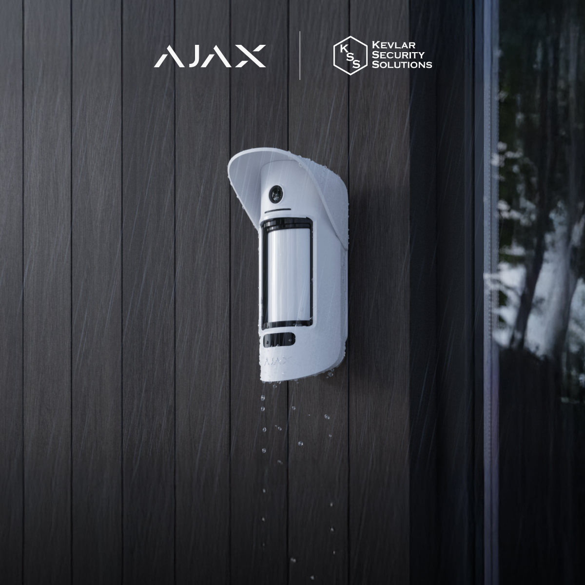 Ajax outdoor motion detector with photo verification mounted on a timber wall in the rain