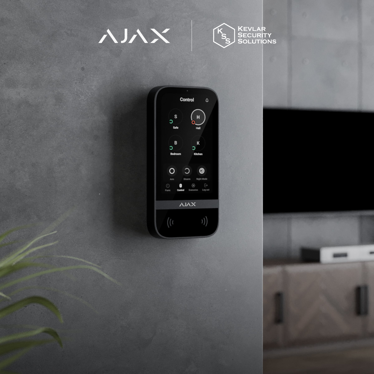 Ajax KeyPad TouchScreen mounted on a concrete wall